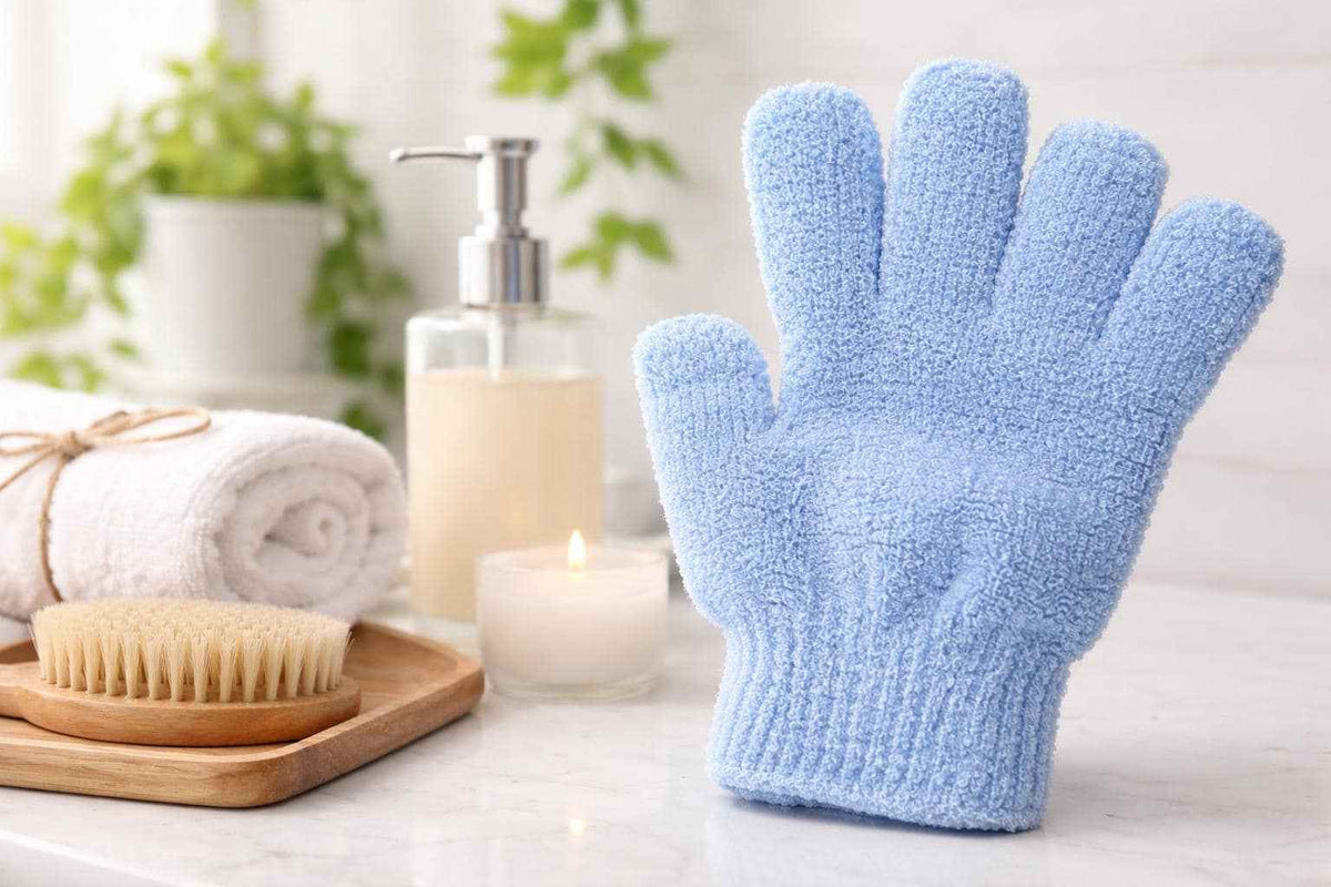 Blue exfoliating bath glove for cleansing and removing dead skin during shower or bath routine