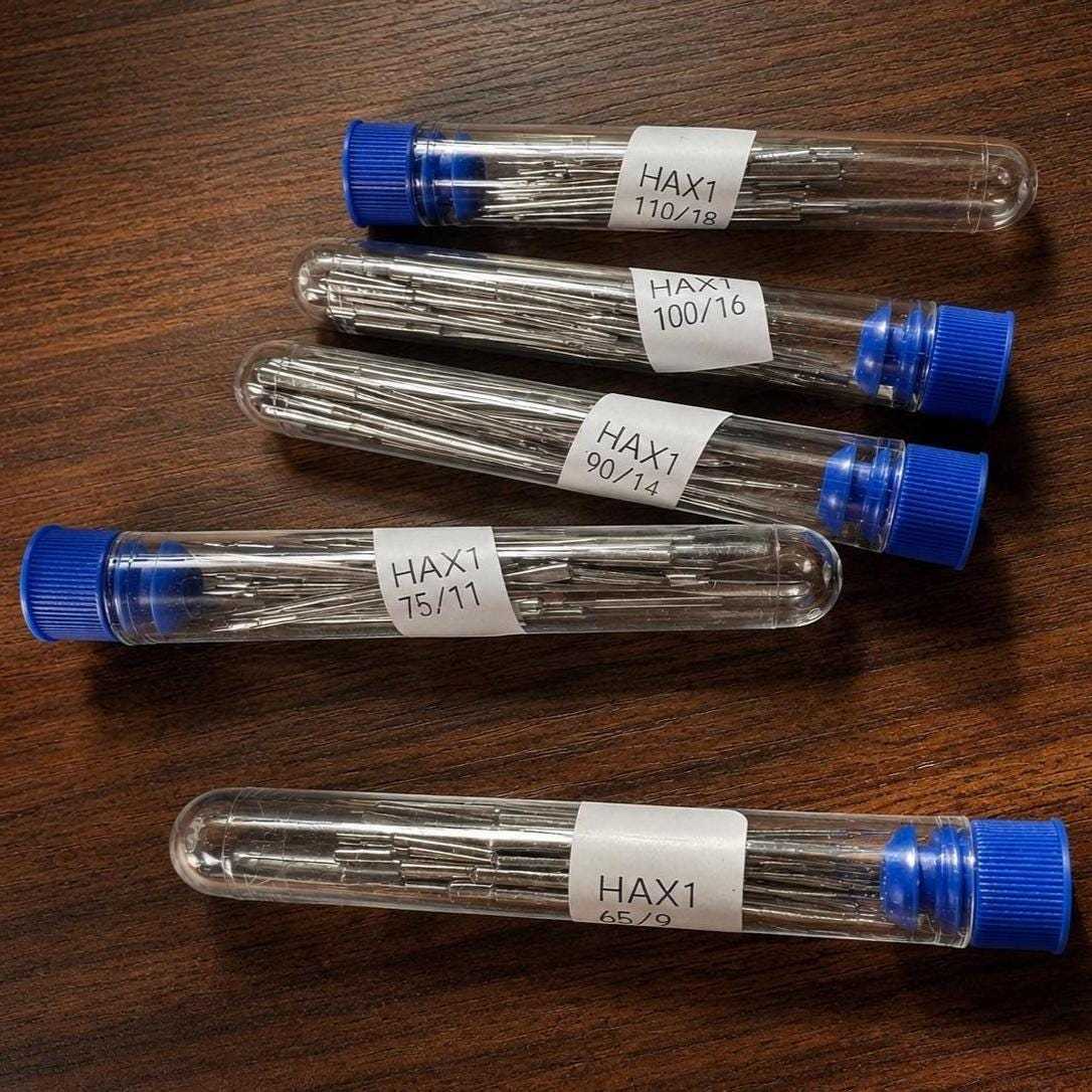 Sewing machine needles set in plastic tubes for all fabrics