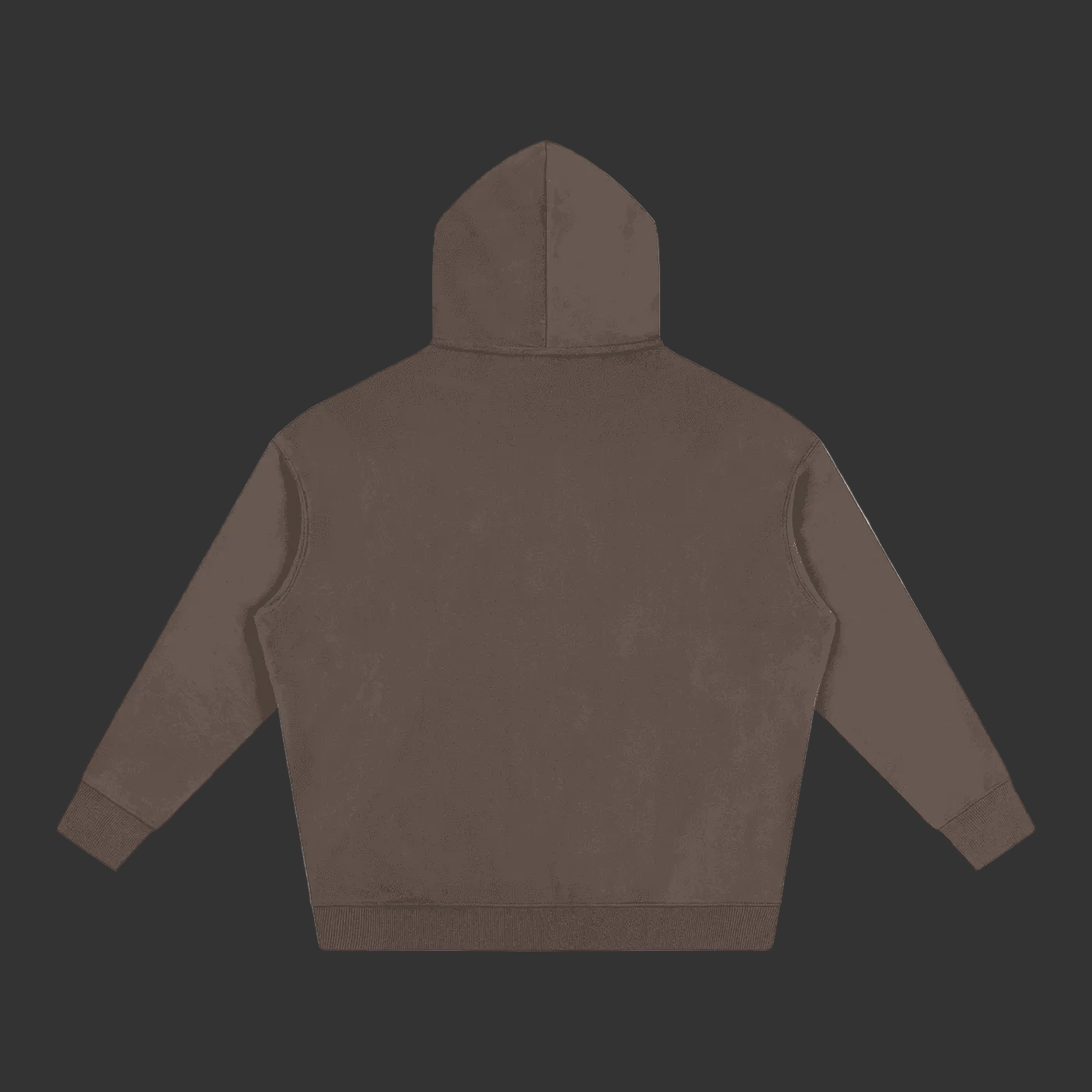 A dark brown hoodie shown from the back. The hoodie has a hood, long sleeves, and a ribbed hem and cuffs, presented on a solid white background.