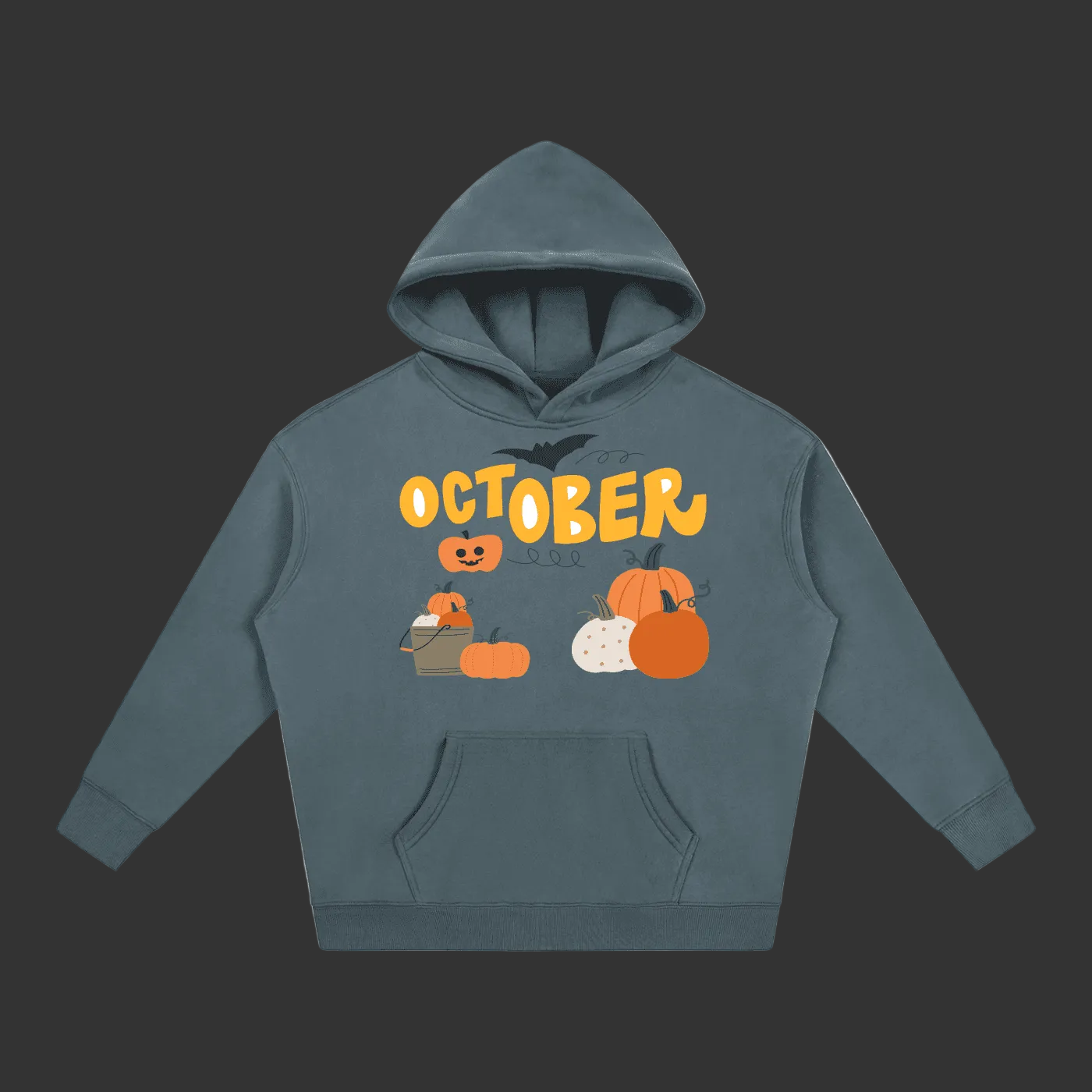 Unisex hoodie featuring October pumpkin graphic with pumpkins, bat, and Halloween face, in dark teal fabric, front view
