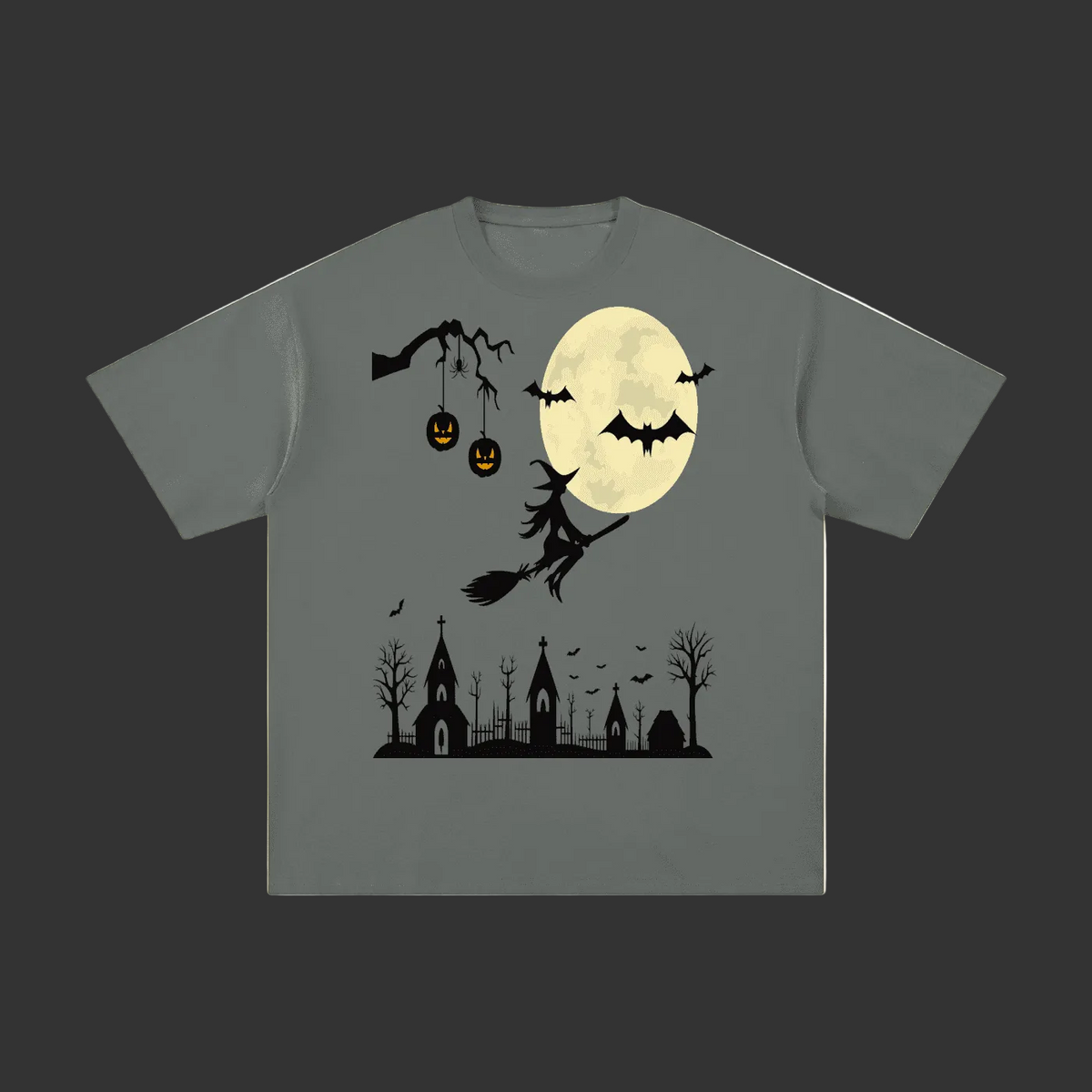 A dark gray short-sleeve t-shirt with a Halloween graphic print featuring a full moon, witch on a broomstick, bats, jack-o'-lanterns, and a haunted house silhouette.