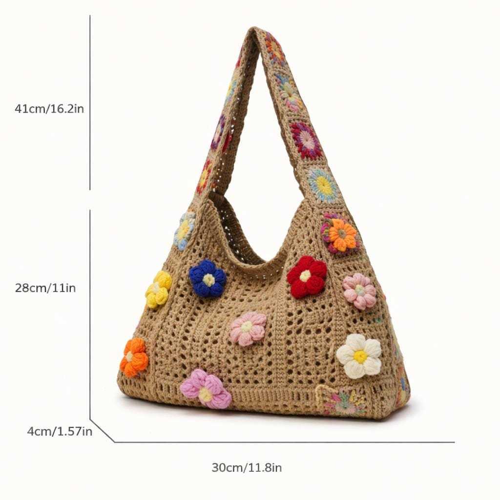 Boho crochet tote bag with floral appliqués and product dimensions displayed for size reference