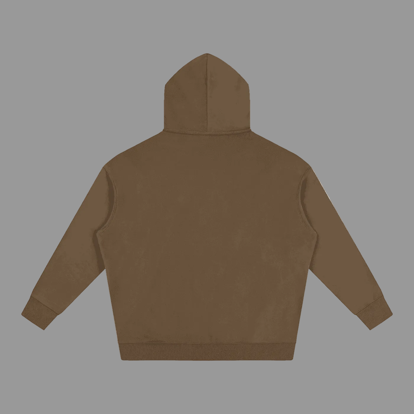 A plain brown hooded sweatshirt shown from the back, laid flat against a solid gray background.