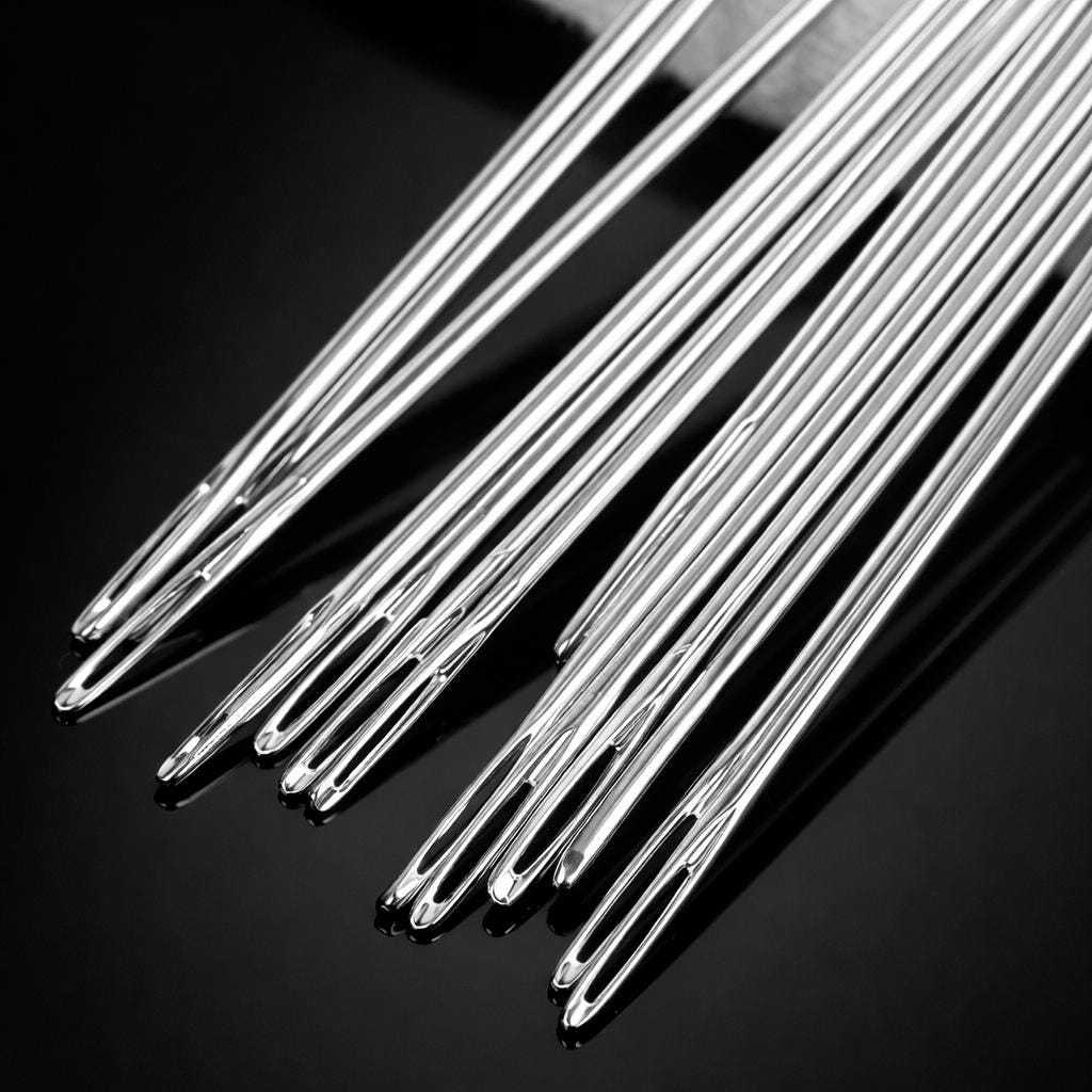 Close-up of stainless steel large-eye hand sewing needles for easy threading and precise stitching