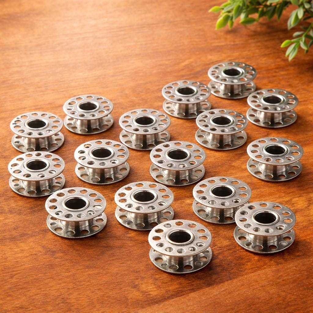 Set of 20 stainless steel sewing machine bobbins arranged on wooden surface for sewing and quilting projects