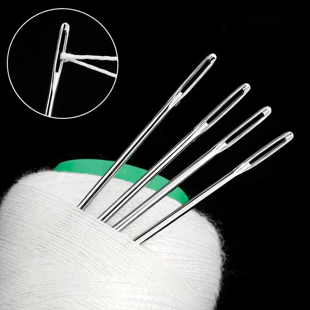 Easy-thread large-eye sewing needles shown with yarn for quick threading and hand sewing applications