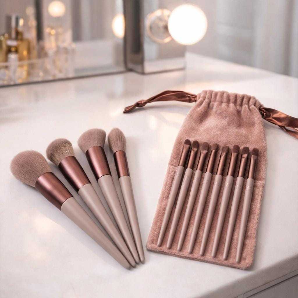 Set of makeup brushes with rose gold handles on stones