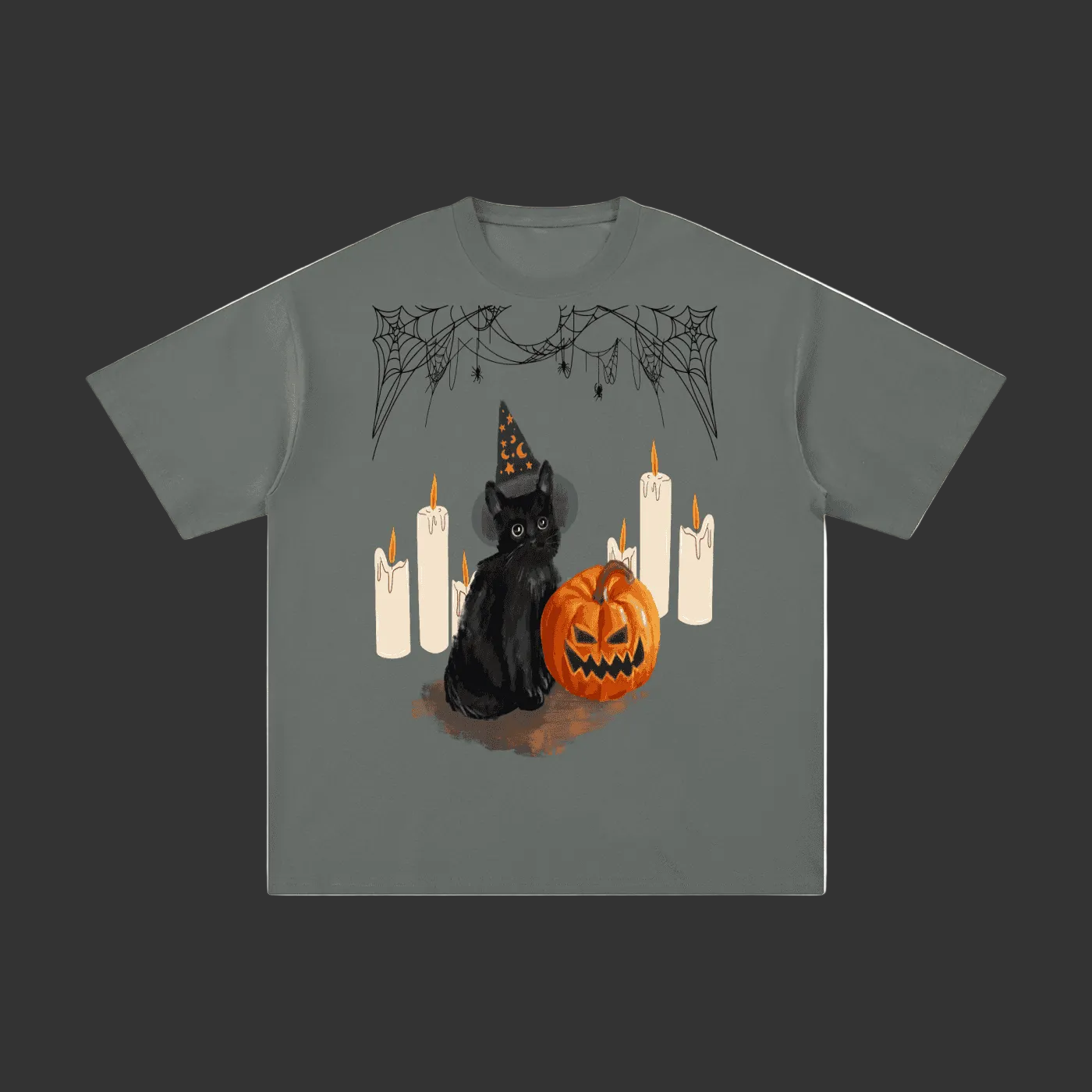 A dark gray short-sleeve t-shirt with a Halloween graphic print featuring a black cat in a witch hat, a jack-o'-lantern pumpkin, and white candles.