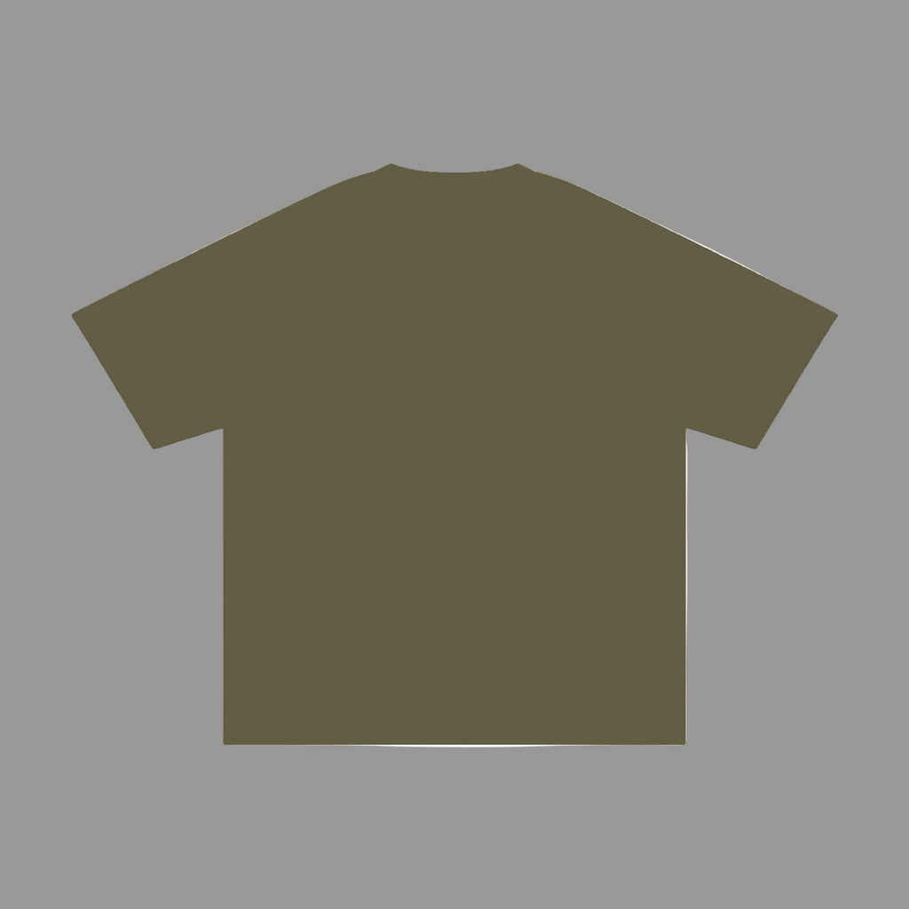 An olive green short-sleeve t-shirt shown from the back, presented as a flat lay on a solid gray background.