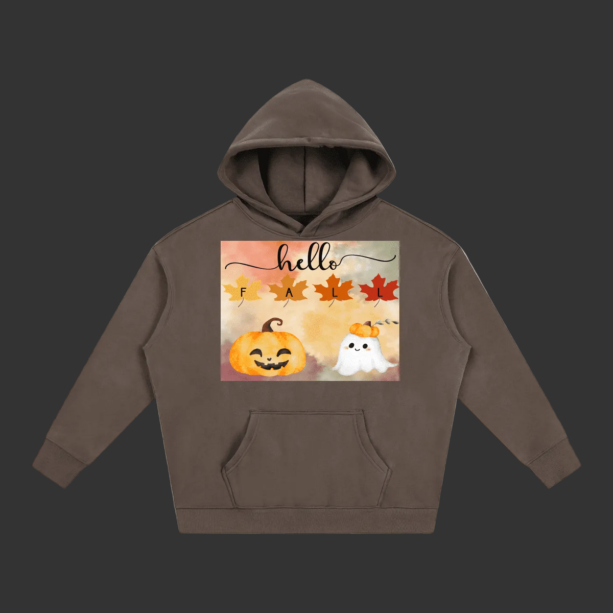 A dark brown pullover hoodie with a front kangaroo pocket and a 'Hello Fall' graphic print on the chest, featuring pumpkins, a ghost, and autumn leaves.