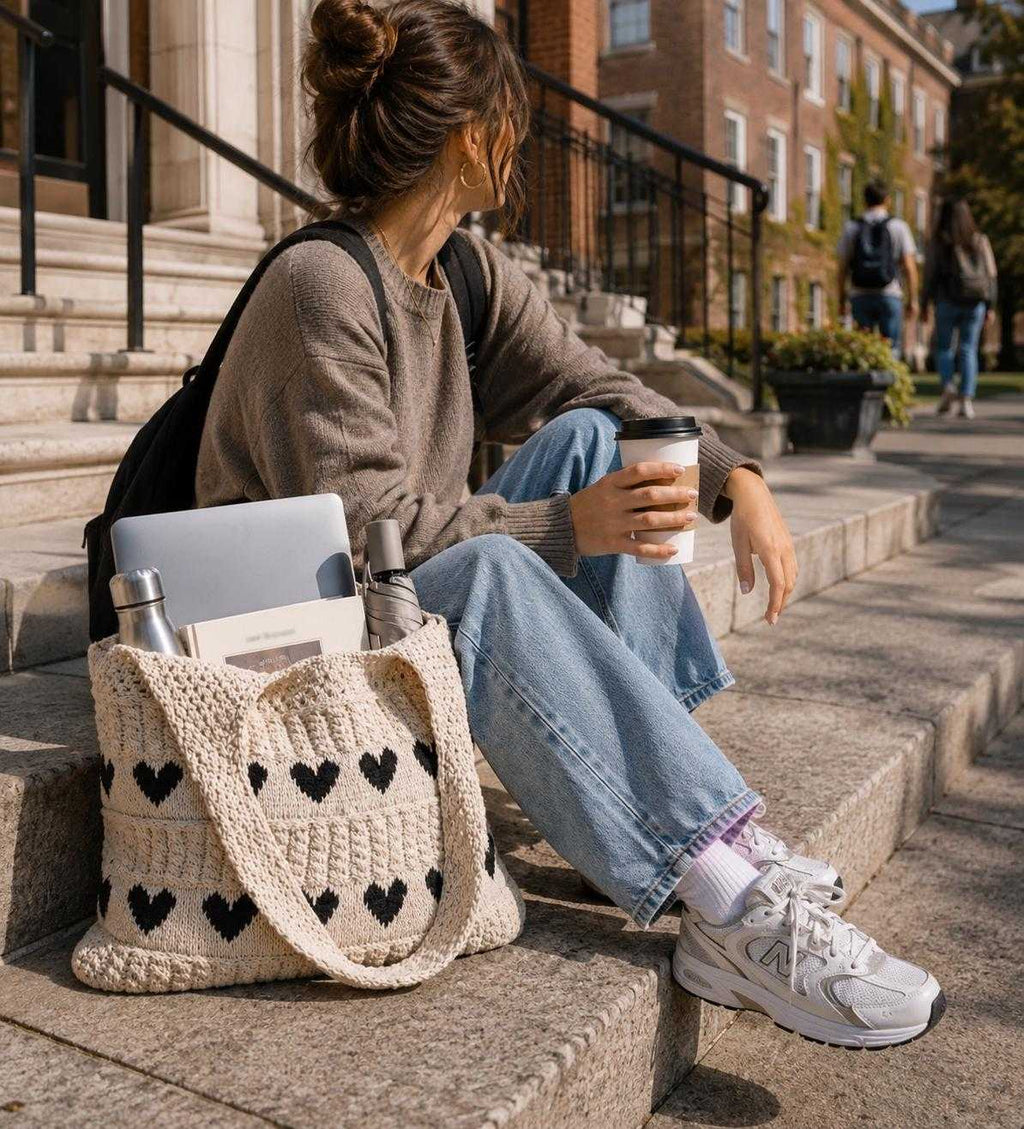 A woman sits on outdoor stone steps holding a takeaway coffee cup, with a cream crocheted tote bag featuring black heart patterns beside her. The bag contains a silver laptop, notebooks, and a water bottle.