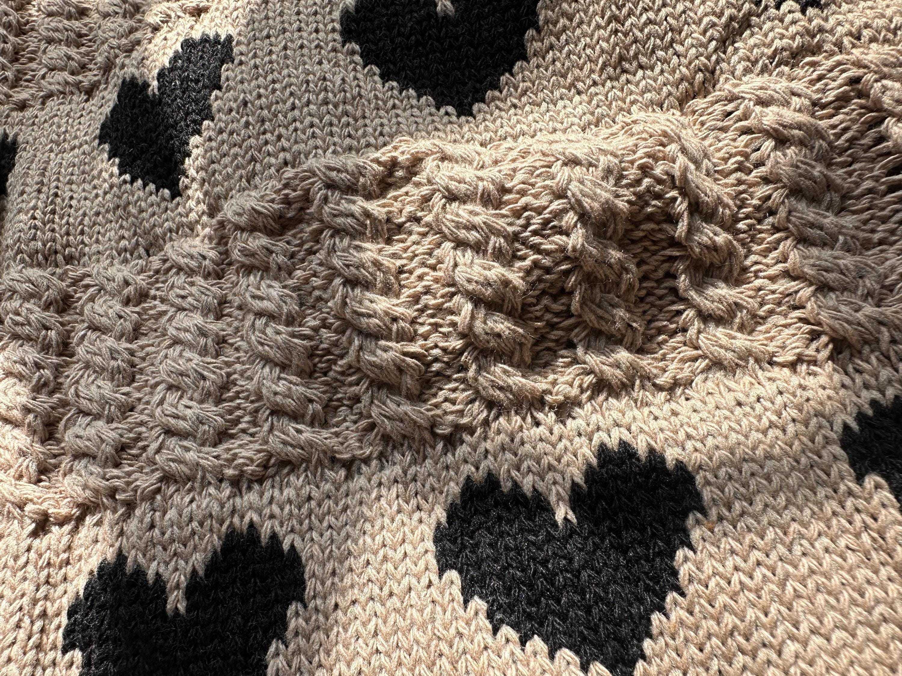 Close-up of a knitted textile with a beige and black heart pattern, featuring textured cable-knit and ribbed sections.