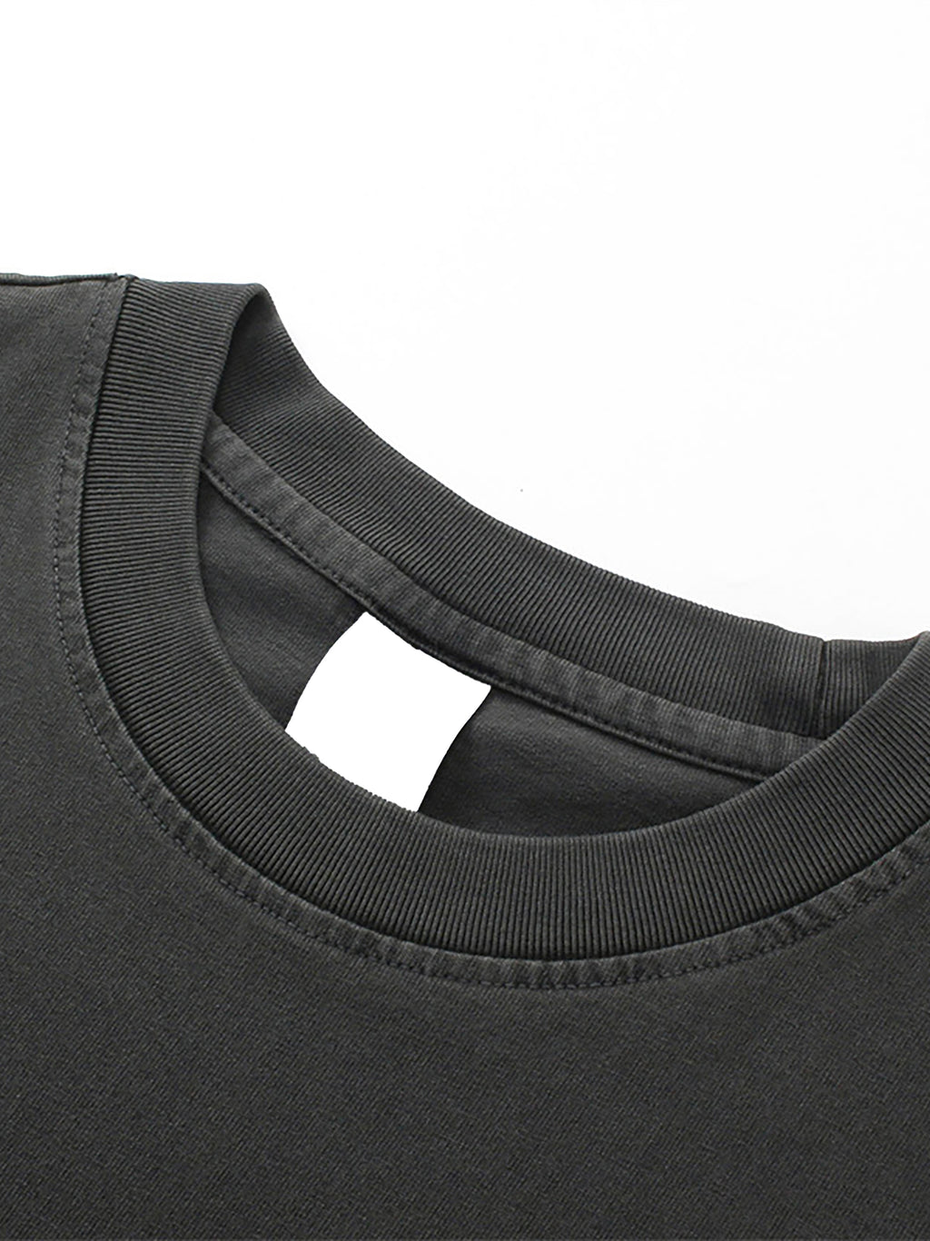 Close-up of a black t-shirt collar on a white background