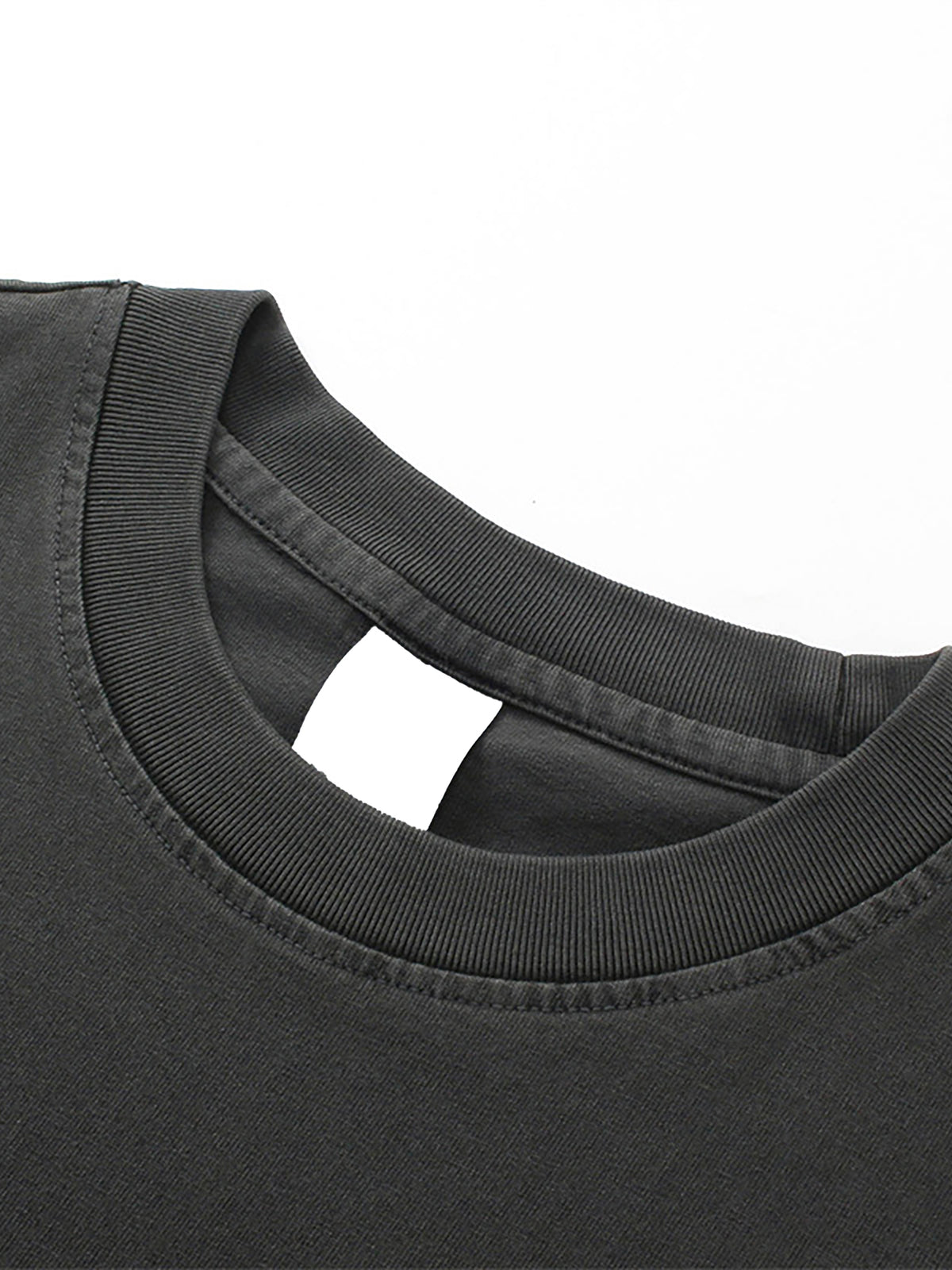 Close-up of a black t-shirt collar on a white background