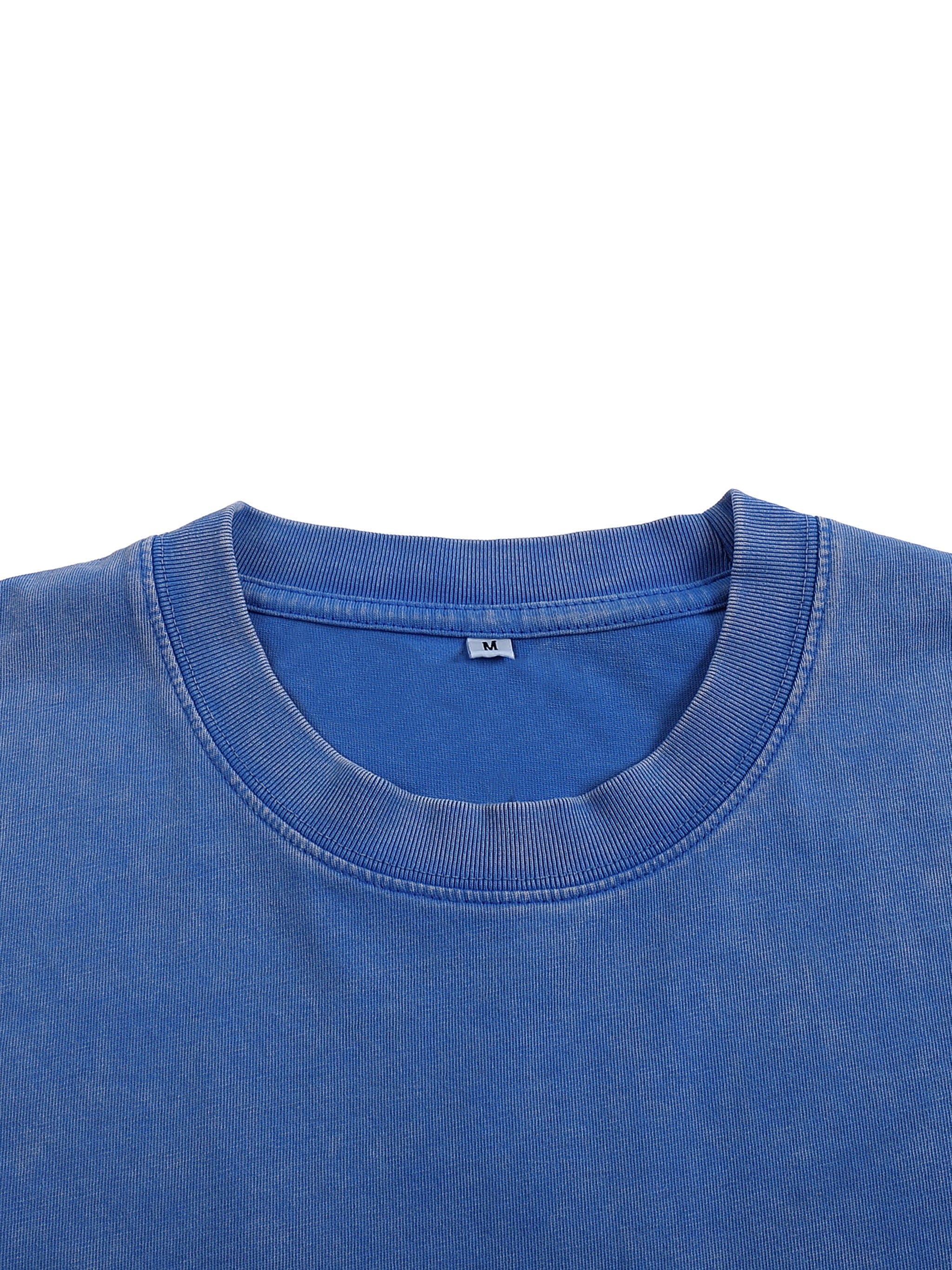 Close-up of a blue shirt collar with a brand label on a white background
