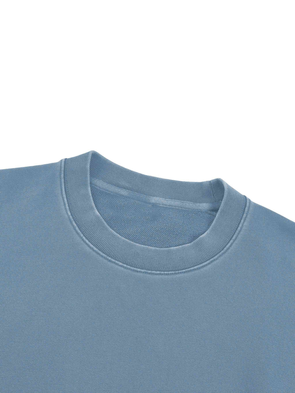 Close-up of a light blue crewneck sweatshirt showing the ribbed collar and inner neck label against a plain white background.