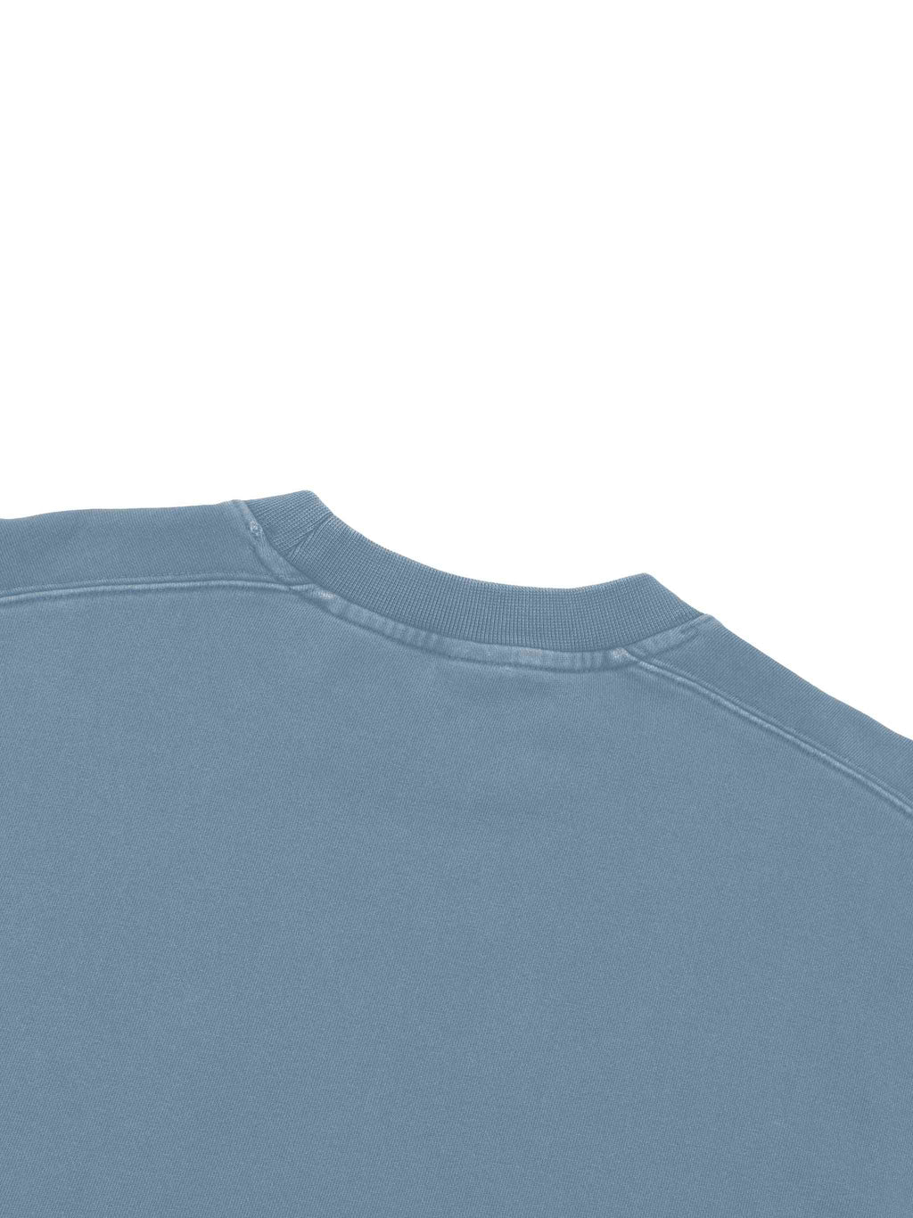 Close-up of the back neckline of a dusty blue crewneck sweatshirt on a solid white background.