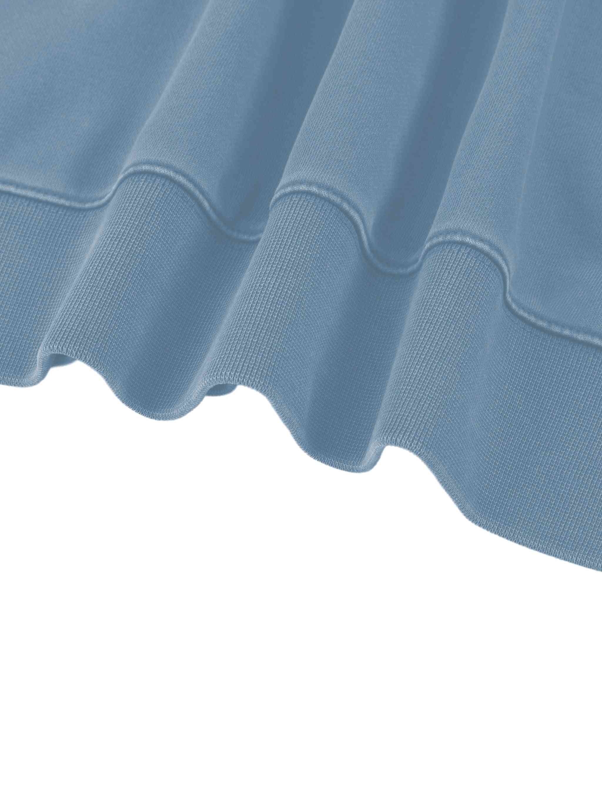 A close-up of a light blue ribbed fabric, likely a sweatshirt or sweater, showing the texture and a scalloped hem against a plain white background.