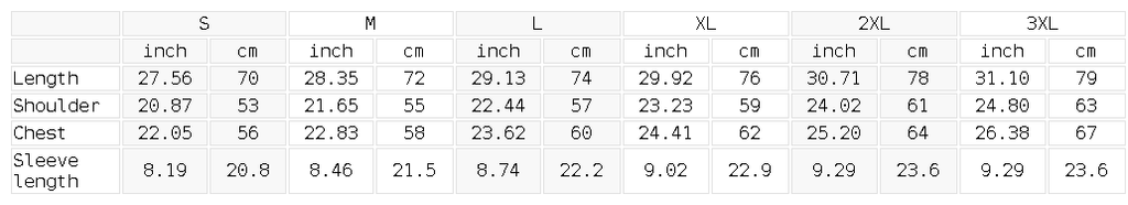 Measurement chart for clothing sizes with inch and cm measurements.