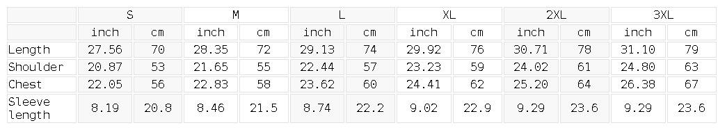 Measurement chart for clothing sizes with inch and cm measurements.