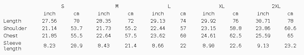 Measurement chart for clothing sizes in inches and centimeters