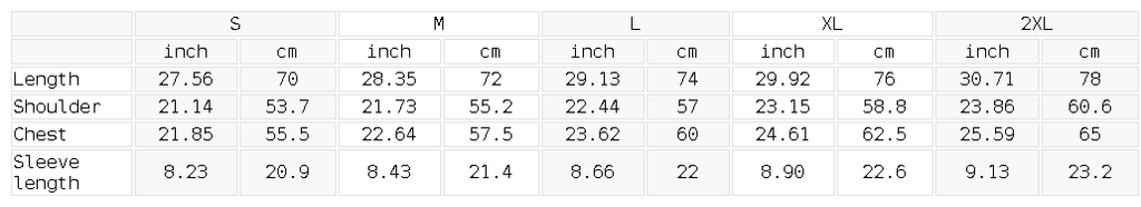 Measurement chart for clothing sizes in inches and centimeters