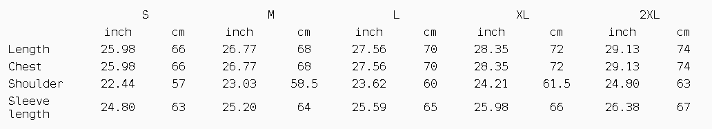 A size chart table for a garment or apparel item, showing measurements in inches and centimeters for sizes S through 2XL across length, chest, shoulder, and sleeve length.
