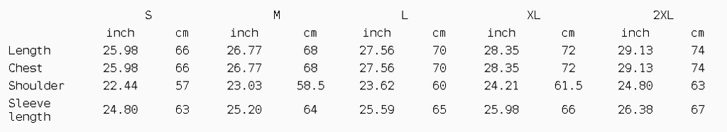 A size chart table for a garment or apparel item, showing measurements in inches and centimeters for sizes S through 2XL across length, chest, shoulder, and sleeve length.