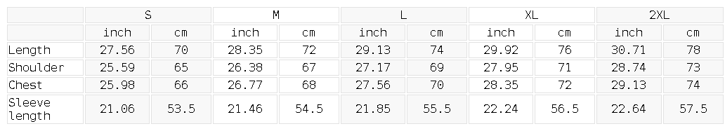 Measurement chart for clothing sizes in inches and centimeters