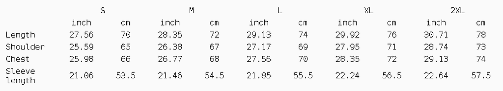 Measurement chart for clothing sizes in inches and centimeters