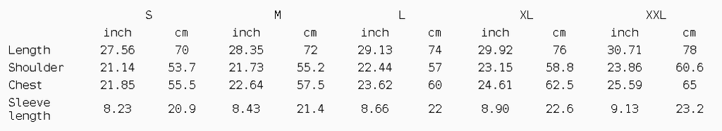 Measurement chart for clothing sizes in inches and centimeters