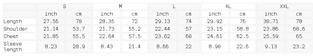 Measurement chart for clothing sizes in inches and centimeters