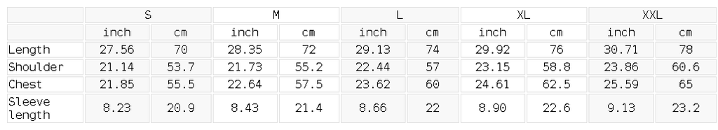 Measurement chart for clothing sizes in inches and centimeters